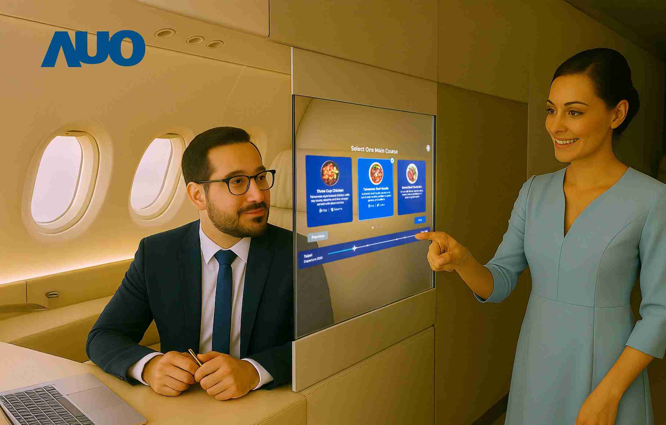 菠菜论坛研发全球最薄17.3 吋双面透明 Micro LED 显示器，，，，可在同一屏幕之双边投射不同信息，，，，创造独特的”透明化”互动；图为实时翻译交流应用情境